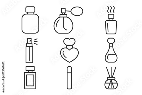 Perfume Bottle Icon Collection, Simple Isolated Line Art with Editable Stroke, Vector Cartoon Style for Web Design, Books, Cards, and App Interfaces, Transparent Background
