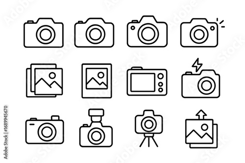 Camera and Photo Outline Icon Set. Vector Line Art. Editable Stroke. Photography, Image Gallery, Camera Symbols, Snap, Flash, Tripod. Perfect for Infographics, Web, Apps, Articles, Banners, Flyers