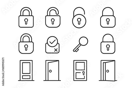 Door lock, padlock, security lock line icon pack, outline signs, cartoon vector illustration, web and app design, advert banners, cards, transparent background, privacy safety protection