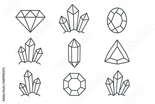 Diamond gem and crystal line icon set. Collection of minimalist outline vector symbols. Jewelry, luxury, geology, and spiritual concepts. Minerals and gemstones signs for web.