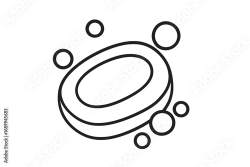 Simple soap bar icon with bubbles. Vector line art illustration for hygiene and cleanliness concepts. Graphic element for apps, web design, and washing or cleaning products.
