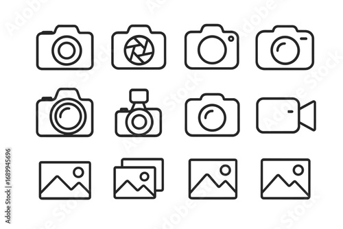 Photo camera icons and image outline symbol set, editable stroke, vector cartoon illustration collection for infographics, articles, social media, banners, flyers, books, websites, apps, photography
