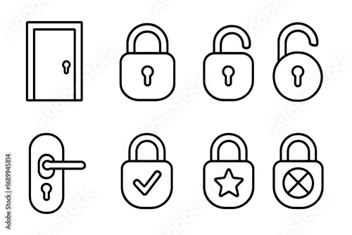 Security lock line icon set with door, padlock, keyhole outline symbols for web and app design, advertising, business cards. Modern vector cartoon illustration isolated on transparent background.