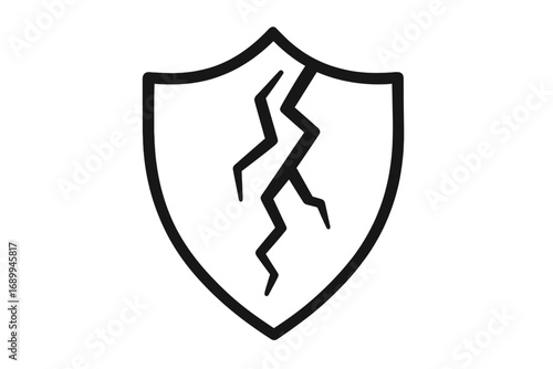 Cracked shield vector icon. Concept vulnerability, data breach, risk, failure, insecurity. Broken protection, defense symbol. Metaphor for weak security, cyber attack, damage.