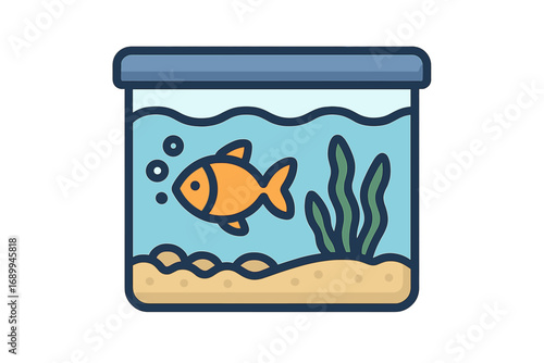 Aquarium vector illustration. Simple icon of a goldfish in a fish tank with water, bubbles, and plants. Pet shop concept, aquatic animal habitat. Cartoon fishbowl graphic.