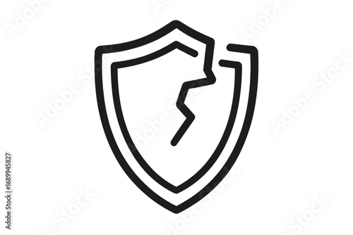 Vulnerability concept vector. Cracked shield line icon. Metaphor for broken security, data breach, cyber attack. Unsafe, risk, and danger symbol. Modern outline illustration.