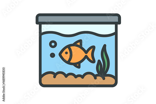 Simple aquarium icon with goldfish. Vector cartoon illustration for graphics, apps. Concept of pet fish, fishbowl, aquatic life. Clean, modern design for logo or web element.