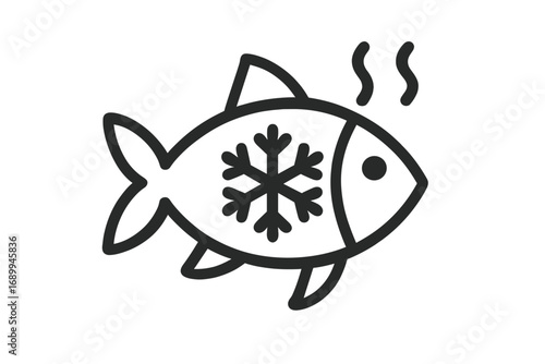 Frozen fish icon. Seafood symbol concept. Fresh fish with snowflake. Cold food storage pictogram. Line art vector for packaging, web, menu. Fishing industry outline sign.
