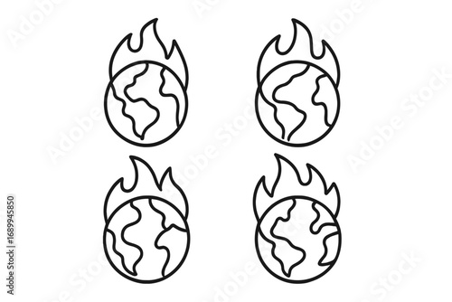 Planet on Fire Line Icon Bundle, Outline Earth Globe with Flames, Environmental Crisis Concept, Global Warming Symbols for Graphic Design, Apps, Advertising, Web, Cards