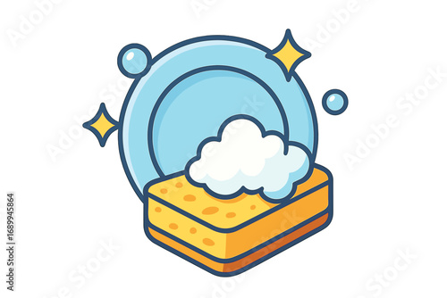 Dish washing icon. Clean plate with foam sponge. Vector cartoon illustration concept for hygiene, household chores, kitchen cleaning service. Shiny dishes, bubbles and sparkle graphic.