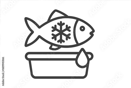 Frozen fish defrosting icon. Thawing seafood outline symbol. Food preparation concept for cooking or market. Raw fresh fish meal ingredient. Vector line art illustration.