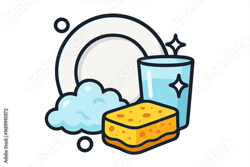 Dish washing icon with sponge and soap foam. Clean plate and glass sparkling. Vector cartoon illustration for kitchen hygiene, housework chores. Household cleaning service concept.