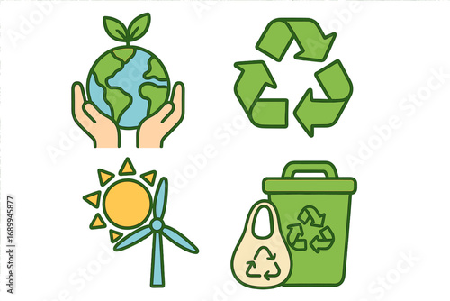 Eco-friendly icon set. Sustainability, recycling, and renewable energy concepts. Green ecology symbols for zero waste, conservation, and Earth Day. Vector illustration collection.