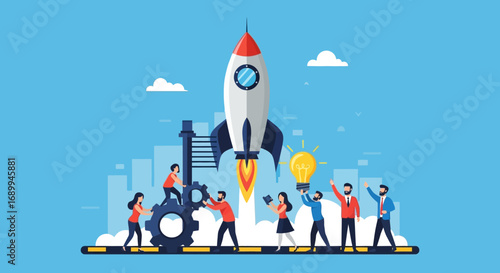 Startup Teamwork and Rocket Launch Illustration