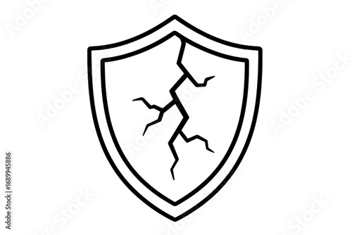 Cracked shield outline icon. Symbol for vulnerability, data breach, security risk, system failure. Broken defense, weak protection concept. Unsafe, insecure, error sign. Vector.