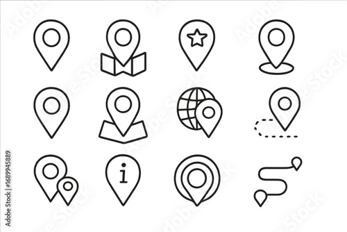 Map pin bundle set vector illustration. Outline location marker line icons collection for web design, app UI, graphic resources, advertising, business cards, navigation, travel concepts, transparency.