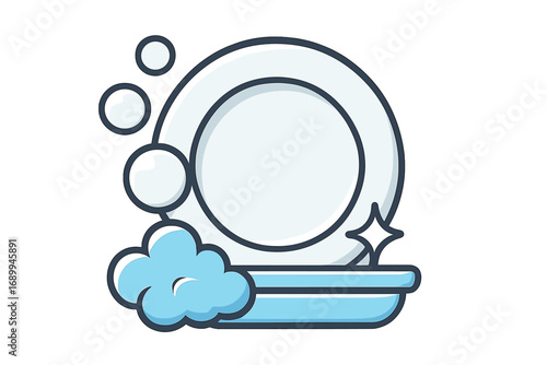 Dish washing simple icon. Clean plate with soap foam and bubbles. Concept of sparkling dishes, hygiene, household chores. Vector cartoon illustration for cleaning service graphic.