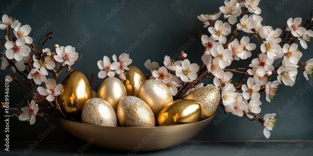 Obraz premium Arrangement of golden and speckled eggs in a bowl surrounded by delicate white cherry blossoms against a dark textured background