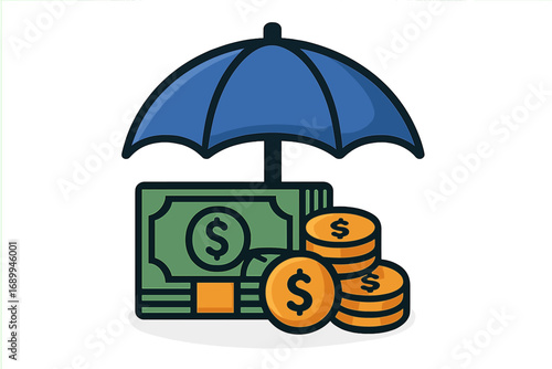 Financial protection concept. Money under umbrella icon. Vector illustration of savings insurance. Asset security symbol. Wealth management, investment safety, cash fund secure.