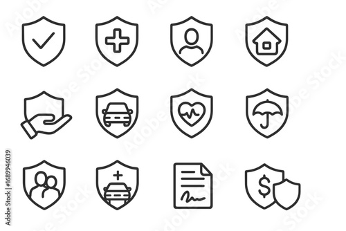Insurance and Protection Line Icon Set. Shield Outline Symbols for Web, App Design, Advertisement, Car, Health, Family, Home, Document, Money, Heartbeat, Life, Medical Care Vector Illustration