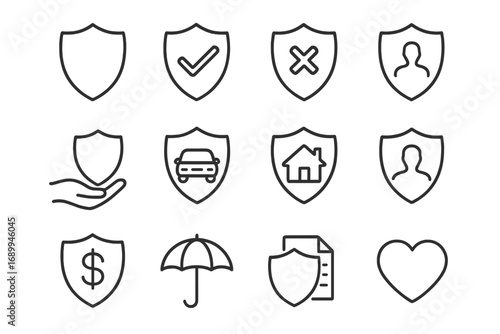 Shield and Insurance Protection Line Icons Set. Security, Safety, Financial, Auto, Home, Health, Policy, Document, Dollar, Umbrella, and People Outline Symbols for Web, App, Print, Vector Design