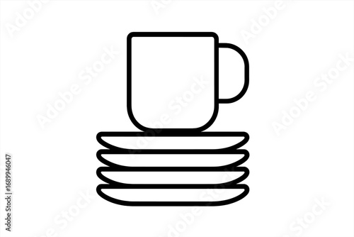 Dirty dishes line icon with a stack of plates and cup. Concept for washing up, kitchen chores, housework, unwashed tableware, and restaurant or cafe service. Minimalist vector.