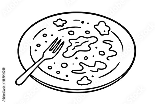Dirty plate with leftovers and fork outline vector. Unwashed dish after eating concept. Food waste, empty plate icon. Finished meal cartoon illustration for graphic design.