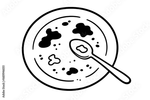 Dirty plate and spoon outline icon. Unwashed dish with leftovers after meal. Food waste, hunger, and cleaning concept. Messy empty bowl vector symbol. Top view illustration.