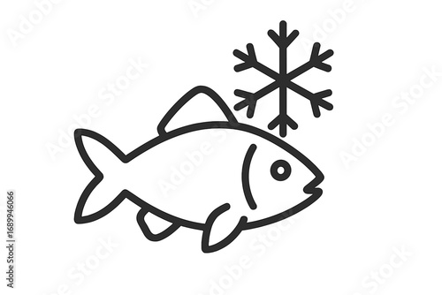 Frozen fish icon. Seafood symbol linear outline. Cold food sign for packaging. Vector illustration for grocery store, menu. Fish market logo concept. Fresh frozen product.