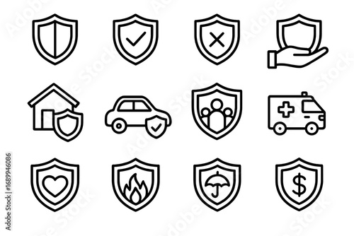Shield and Insurance Line Icon Set. Outline Safety and Protection Symbols for Web Design, Apps, Business, Finance, Health, Life, Car, Home, Medical, Family, Fire, Heart, Dollar Concepts