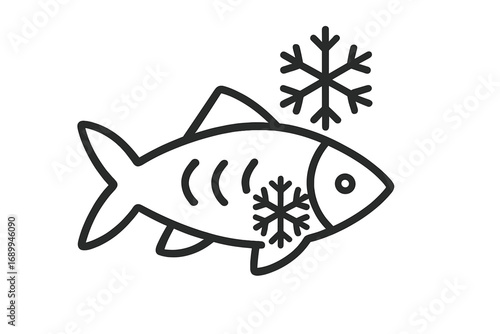 Frozen fish outline linear sign vector graphic for web design, apps, adverts, and cards, cartoon illustration with snowflake symbols, transparent background, seafood, cold storage icon