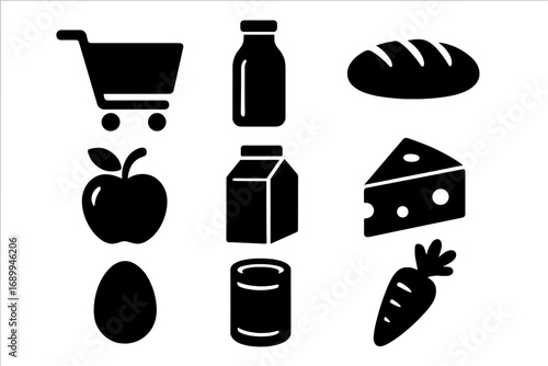 Grocery shopping icon set. Food pictogram collection. Supermarket essentials silhouette. Cart, milk, bread, apple, cheese, egg, can, carrot. Vector for web, app, delivery.