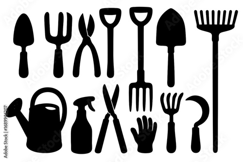Essential gardening tools silhouette set. Vector graphic collection for home garden, DIY, and farming projects. Includes spade, rake, fork, trowel, and watering can icons.