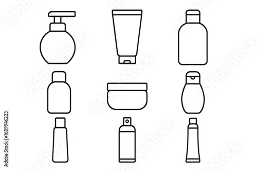 Cosmetic packaging icon set. Outline collection of beauty product containers. Vector line art illustration of bottle, tube, spray, dispenser, and jar for cream, shampoo, lotion.