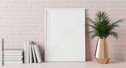 White Frame with Books and Plant.