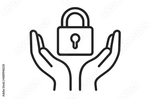 Hands holding a padlock. Linear icon representing security, privacy, and data protection. Symbol of safety, confidentiality, and trust. Secure access and information defense vector.