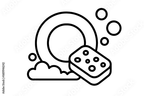 Dishwashing outline icon. Washing dishes with sponge, soap suds and bubbles. Clean plate symbol for kitchen chores and housework. Vector line art illustration pictogram.