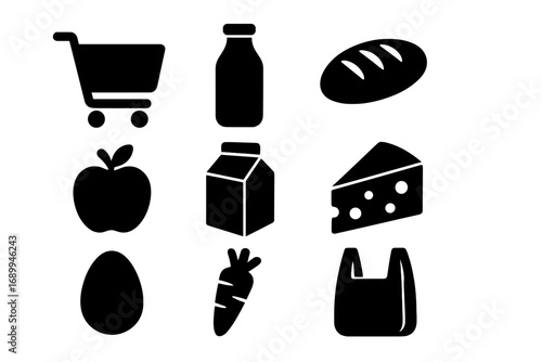 Grocery shopping icon set. Supermarket food essentials silhouette. Vector symbols for market, retail. Includes shopping cart, milk, bread, apple, cheese, egg, carrot, bag.