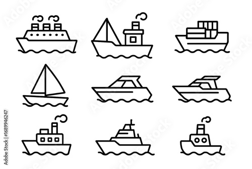 Ship boat line icon set. Outline vector symbols of cruise ship, cargo, yacht, sailboat, fishing trawler, speedboat, tanker, warship. Maritime transport icons for web, apps, infographics, advertising