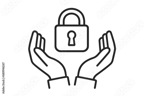 Hands holding a lock. Security concept. Safety and protection symbol. Privacy and data confidentiality icon. Safeguarding information. Cybersecurity linear vector illustration.