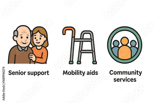 Senior support and elderly care icon set. Vector symbols for mobility aids, walker, cane, community services, and accessibility. Concepts for retirement, nursing, and healthcare.