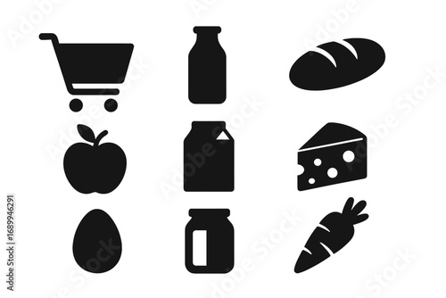 Essential grocery shopping icon collection. Flat black silhouette vector set of food products like milk, bread, cheese, apple, egg for market, store, or UI design graphic.