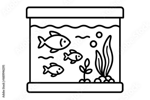 Aquarium line icon. Fish tank vector illustration. Simple outline symbol of fish, water plants, and bubbles. Pet shop logo concept. Aquatic life and home hobby graphic.