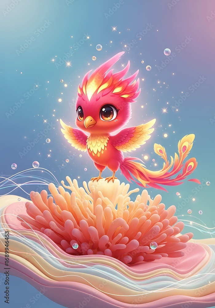 Obraz premium Cute phoenix perched atop fantasy coral, radiating joyful magic around