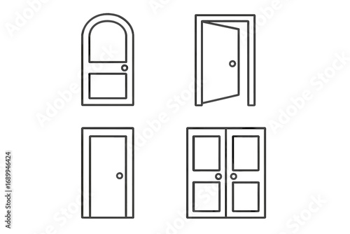 Door line icon set. Collection of simple outline symbols. Entrance, exit, doorway concepts. Open, closed, double, and arched doors. Vector for web, ui, ux, apps. Editable stroke.