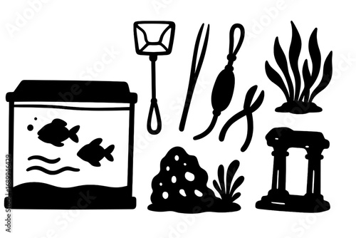 Aquarium silhouette vector icon set. Fish tank care and maintenance equipment. Aquascape tools, plants, net, decor elements. Pet shop supplies collection for fish keeping hobby.