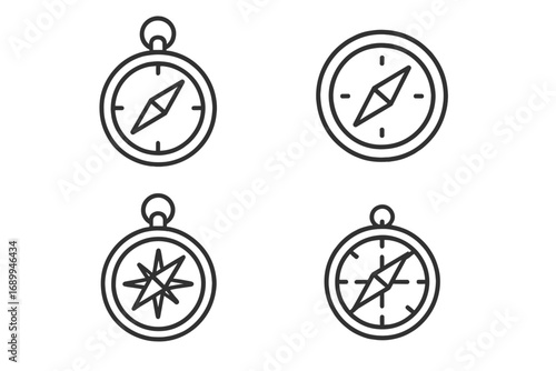 Compass icon set for navigation and direction. Vector line art symbols for travel, exploration, and adventure. Minimalist outline design elements for web, apps, and print media.