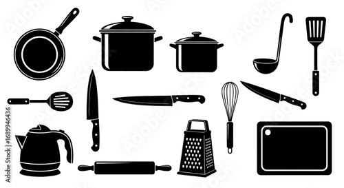 A collection of black silhouette kitchen utensils and cookware icons isolated on a white background.