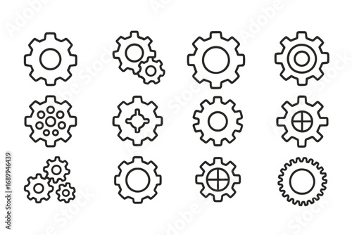 Gear and cogwheel line icon set. Collection of settings, options, and mechanism symbols for technology and engineering. Vector illustration for web, UI, and business process.