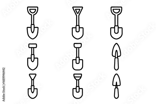 Shovel thin line icon set. Outline shovel symbols for gardening, construction, landscaping, agriculture. Simple vector shovel illustration for web design, apps, ads, cards, transparent background